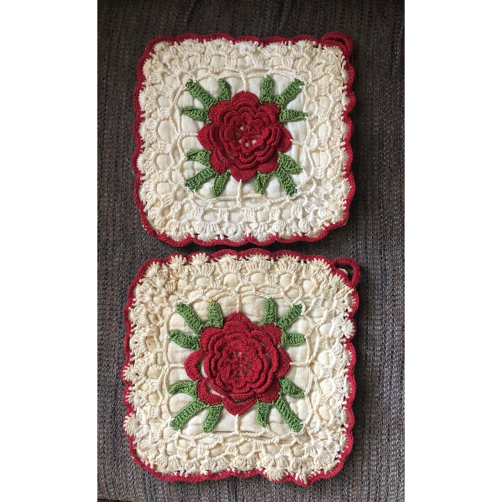 Vintage  Pot Holders Crocheted Red Rose & Ivory LOT OF 2 RETRO KITCHEN